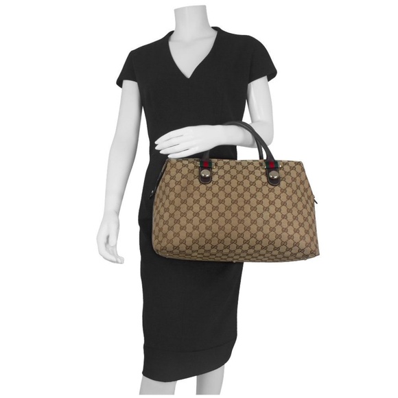 Authentic GUCCI MONOGRAM CANVAS MATCH BALL WEB BOSTON BAG - Picture 3 of 12